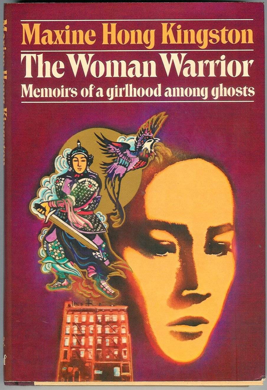Burgundy "Woman Warrier" book cover featuring a collage of images such as woman's face, a warrior, and a building.